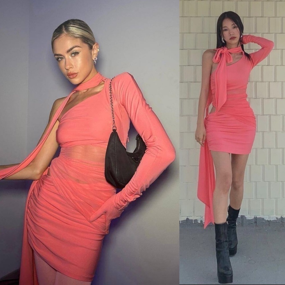 NEW! Mugler x H&M- Collector’s Edition Knot-Detail One-Shoulder Dress Pink M - Picture 2 of 16